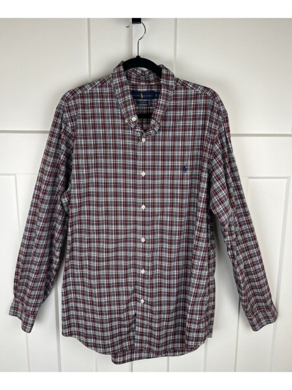 Ralph Lauren Custom Fit Button Down Shirt Men’s XL 17 Maroon Plaid 100% Cotton